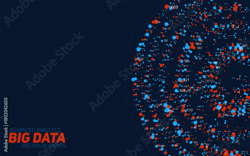 Round big data information visualization. Social network, financial analysis of complex databases. Visual information complexity clarification. Intricate data technology