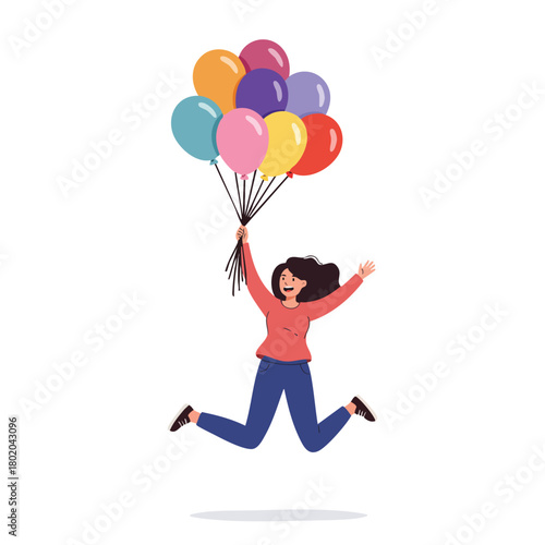 Woman joyfully jumping with colorful balloons celebrating a special occasion in a vibrant illustration 