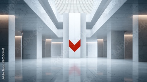 Modern architectural interior with minimalist design featuring a prominent red downward arrow symbol in a spacious marble hallway