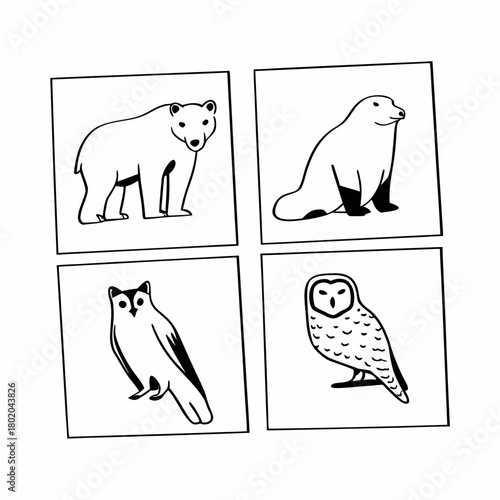 Black and white line art of polar bear, owl isolated on, showcasing arctic wildlife in a minimalist style