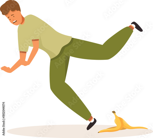 Cartoon character falling down after slipping on a banana peel, concept of accident and clumsiness