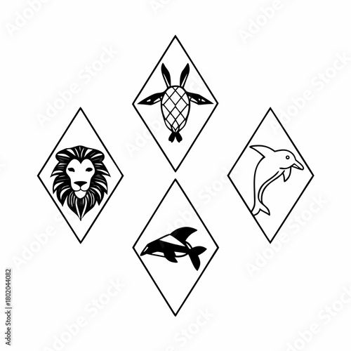 Collection of wildlife animal icons in diamond shapes isolated on, featuring lion, turtle, dolphin, and orca in black and white