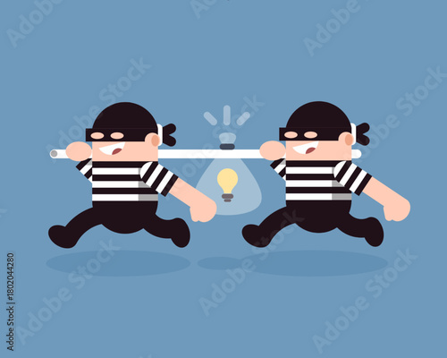 Two cartoon thieves wearing striped outfits run while carrying a stolen glowing light bulb idea in a sack, symbolizing idea theft, innovation stealing, or intellectual property piracy.