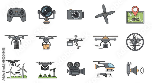 Various Illustrated Drones in Different Styles, Showing Functionality and Features.
