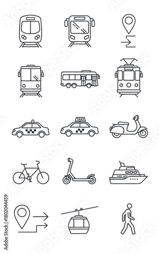 Various minimalist black line art public and personal transportation vehicle icons.
