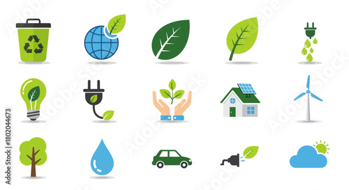 Vibrant collection of diverse eco-friendly icons representing environmental conservation and sustainability.