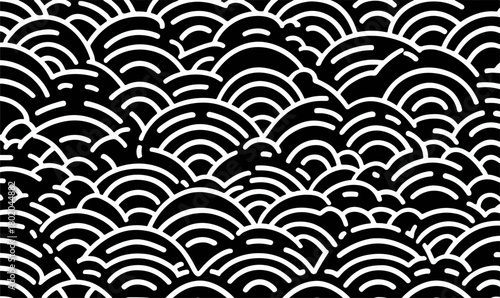 日本の伝統的な波模様をモチーフにした、白黒のシームレスなベクターパターン背景。