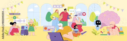 Diverse Group Interacting with Technology Vector Illustration