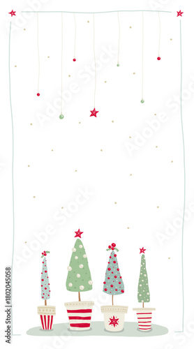 Tarjeta minimalista de Navidad con árboles y pinos en macetas, de colores suaves y motivo naif, sencillo y delicado. Recurso gráfico vectorial.