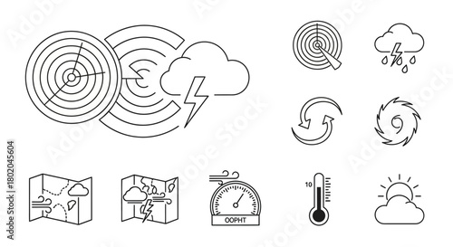 Weather Radar with Cloud, Lightning, and Concentric Circles Outline Illustration.