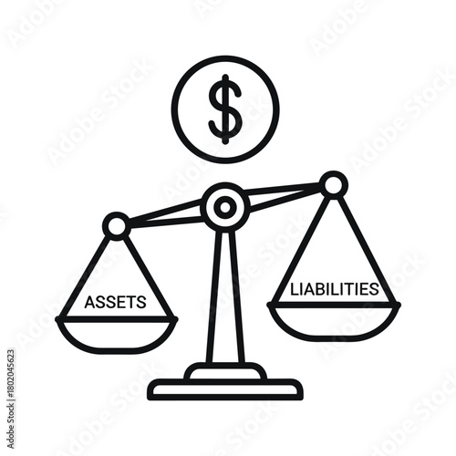 Scales balancing assets and liabilities with a dollar sign