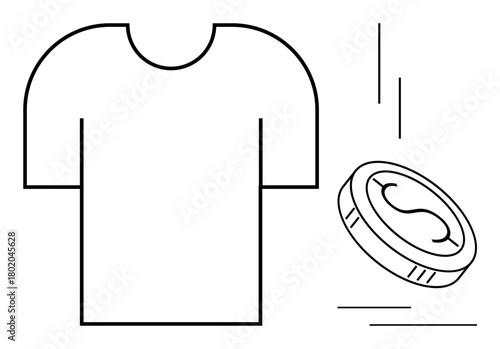 T-shirt next to coin signifying money. Ideal for e-commerce, shopping, fashion, clothing industry, spending, pricing, online retail. Suitable for a clean simple flat metaphor