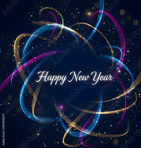 Vibrant abstract ribbons swirl on a dark blue background with white script and sparkles.