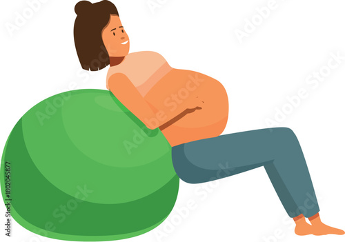Pregnant woman practicing yoga on fitness ball, enjoying pregnancy and motherhood