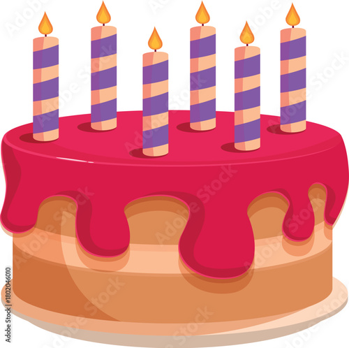 Round cake with pink icing dripping and seven burning striped candles, perfect for a birthday celebration