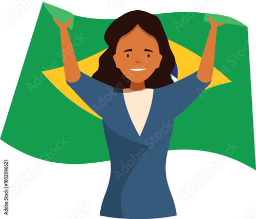 Smiling businesswoman is holding a brazilian flag, celebrating national holidays and supporting her country
