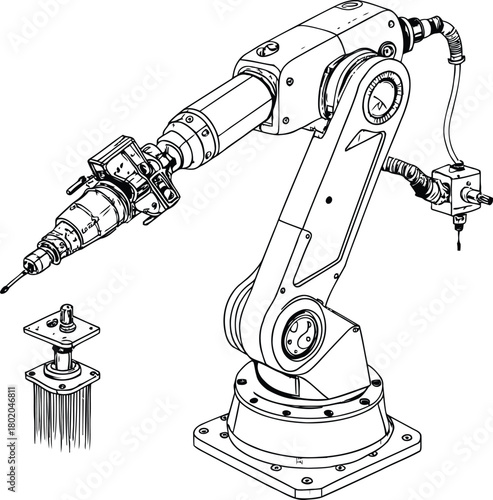 Illustration of an industrial robotic arm with a drill and a separate fixture drawing design
