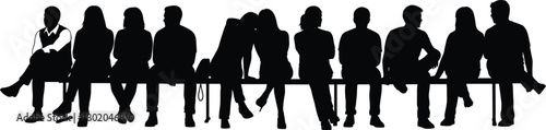 Flat vector silhouettes of people sitting on beam, casual posture, group interaction, teamwork, unity, relaxed mood, black figures, white background
