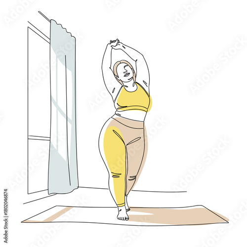 plus size woman doing a standing side bend stretch for body positivity blogs, inclusive fitness campaigns, mental wellness articles, and home exercise guides