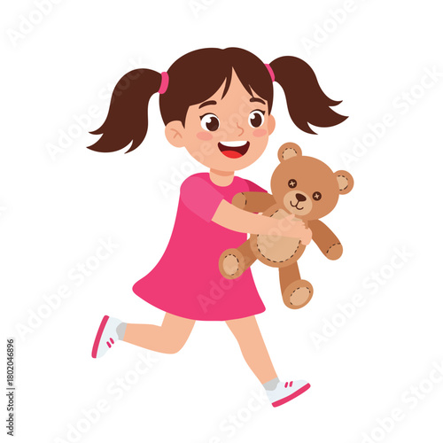 Happy girl running with teddy bear in playful moment of joy and innocence 