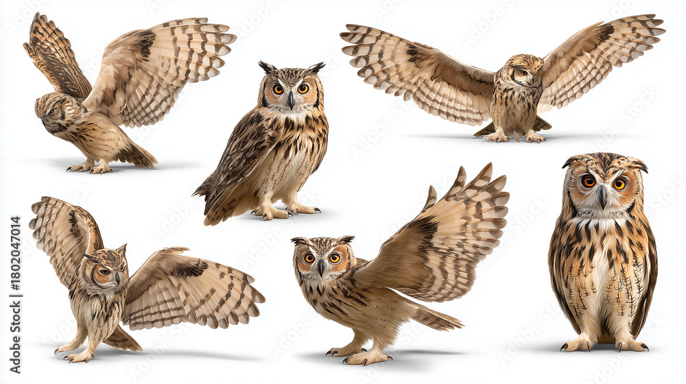 Fototapeta premium Collection of six eagle owl poses isolated on a white background