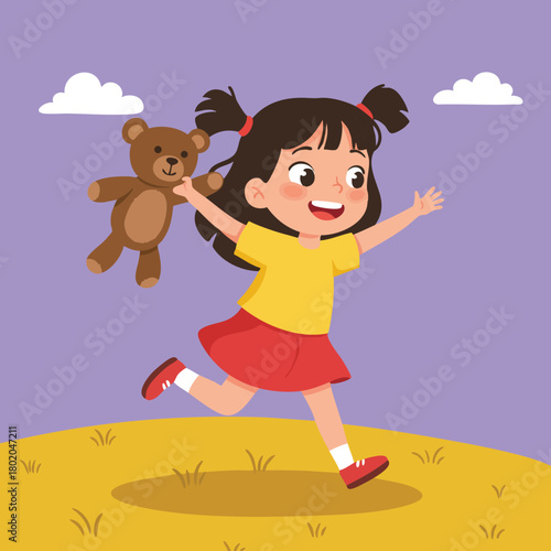 Girl with teddy bear joyfully running in a sunny field, showcasing childhood happiness and carefree playfulness 