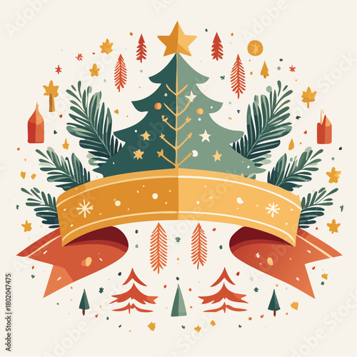 Charming festive Christmas illustration with a stylized tree, elegant ornaments, and warm holiday motifs, ideal for joyful seasonal greetings and winter celebrations