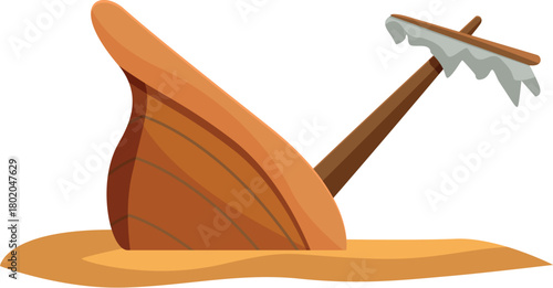 Cartoon shipwreck emerging from the sand on a white background