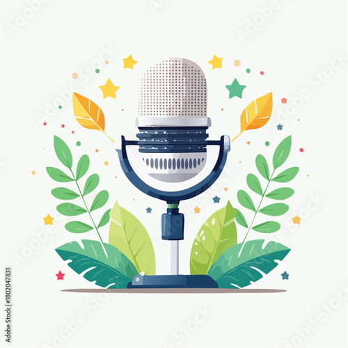 Vintage Microphone Amidst Botanical Elements A Retro Sound Recording Concept