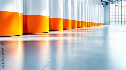 A perspective view of a long row of industrial storage tanks with orange bases and white tops, set against a bright, modern warehouse interior.