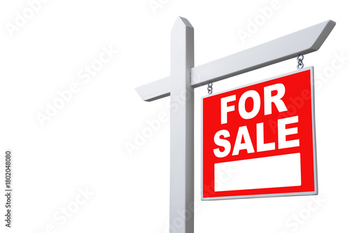 Red for sale sign on a white post isolated on transparent background ready for advertising