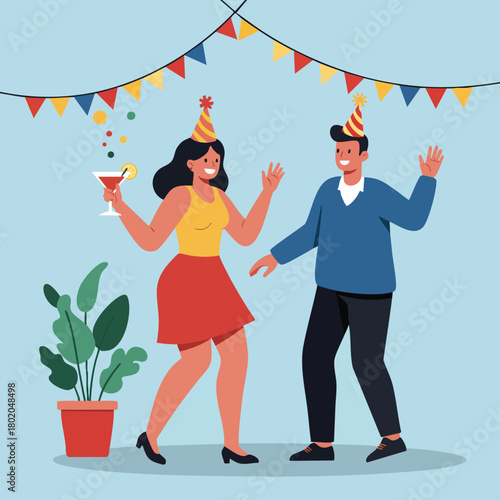 Joyful celebration scene featuring a woman and man dancing at a party with festive decorations and drinks in hand 