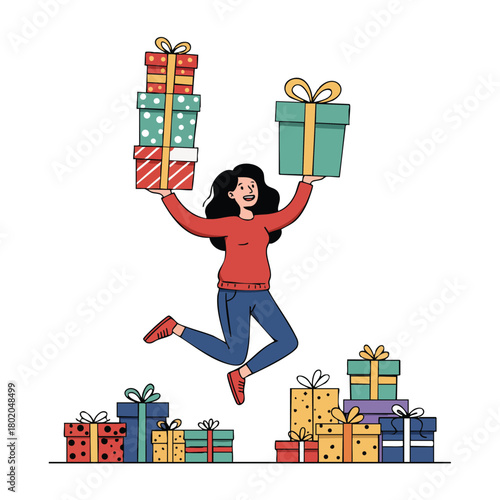 Celebrating joyful moments with a woman holding gifts during a festive occasion surrounded by colorful presents 