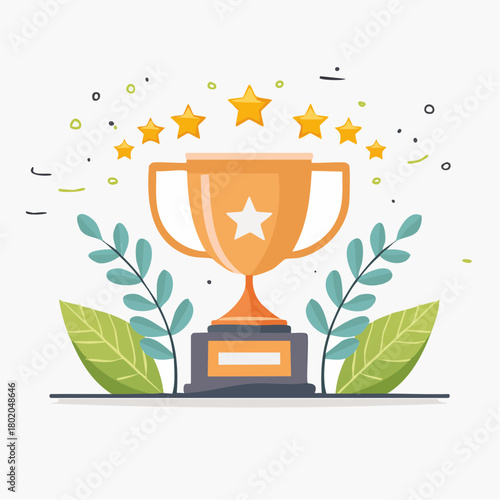 Winning Trophy with Stars and Leaves Achievement and Success Illustrated