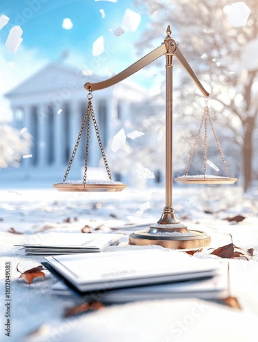 A brass scale of justice sits in the snow, with legal documents and a courthouse in the background, symbolizing justice in winter.