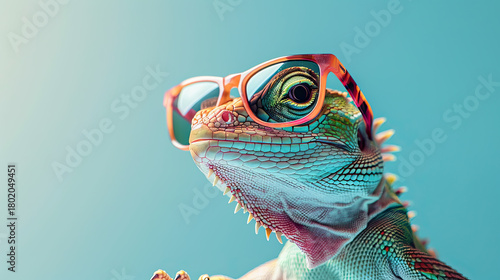 Studio-lit lizard wears shades in a visual blend of nature and eccentricity. Generative AI