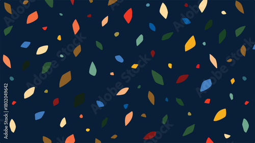 カラフルな幾何学模様が散りばめられた、モダンで抽象的な背景デザイン。ベクター素材。