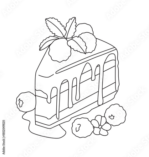 Slice of Raspberry cake with mint leaves and coulis - outline vector 