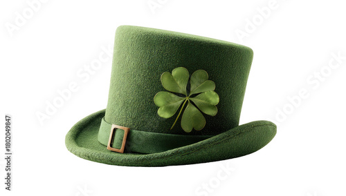 A green top hat with a shamrock emblem, centered, on a black backdrop