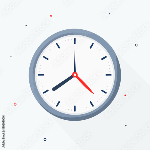 A minimalist clock face displays the time 810 with red and blue accent dots scattered around, symbolizing punctuality and time management in a clean, modern design