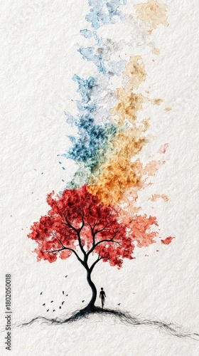 A solitary figure walks towards a stylized tree with red leaves, its canopy dissolving into abstract watercolor splashes of blue, yellow, and orange.