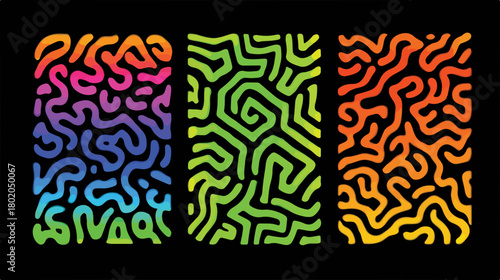 カラフルな抽象的なパターンが黒い背景に並んだ3つの長方形のベクターイラストレーション。