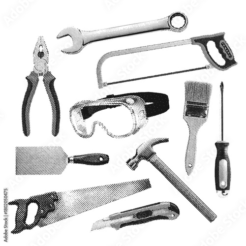 various hand tools collection used in construction, repair, elements set in retro halftone style