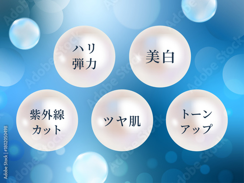 海中を思わせるシャボンが浮かぶ海色グラデーション背景に淡水パールを配置した美容効果アイコンセット（ハリ・弾力／美白／紫外線カット／ツヤ肌／トーンアップを上品に表現したスキンケアLP向けデザイン）