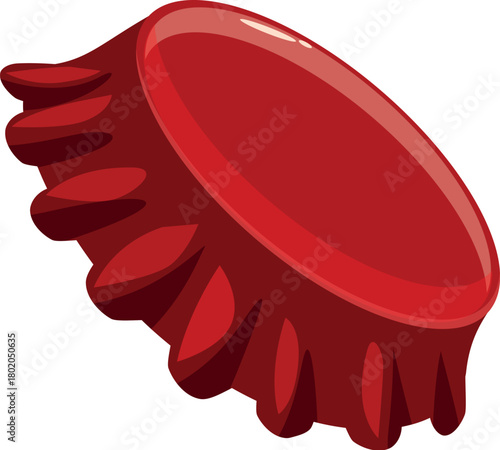 Red bottle cap tilting on a white background, creating a dynamic and intriguing visual