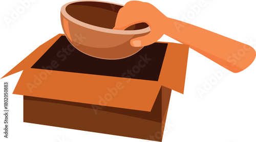 Hand placing empty bowl in donation box, representing hunger relief and charitable giving