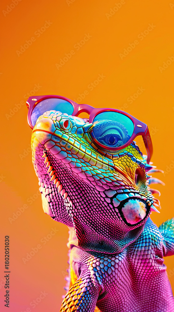 Obraz premium Reptile meets glam: a lizard in glasses stares confidently into the lens. Generative AI