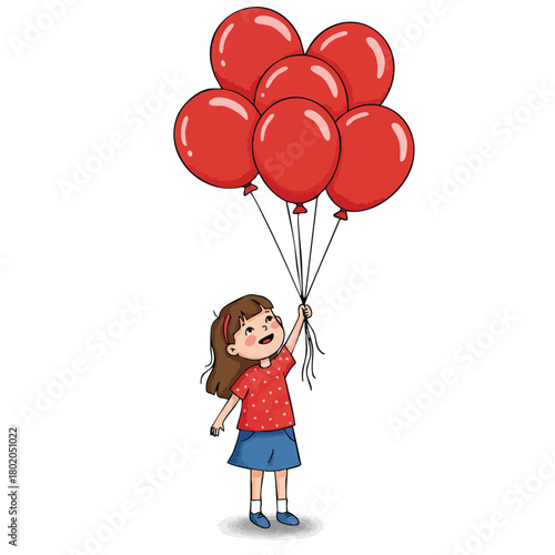 Girl holding red balloons, celebrating joy and happiness at a festive occasion 