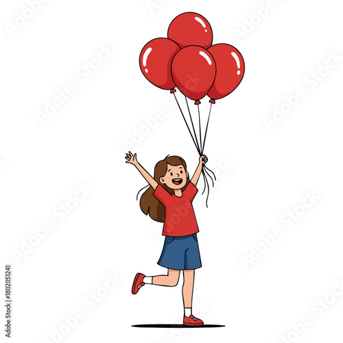Girl joyfully celebrating with red balloons in hand, capturing the essence of happiness and carefree moments 