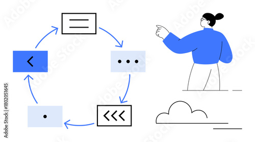 Woman in blue observes a directional cycle of connected diagrams, arrows indicating process flow. Ideal for teamwork, strategy, workflow, decision-making, project management, progress, simple flat